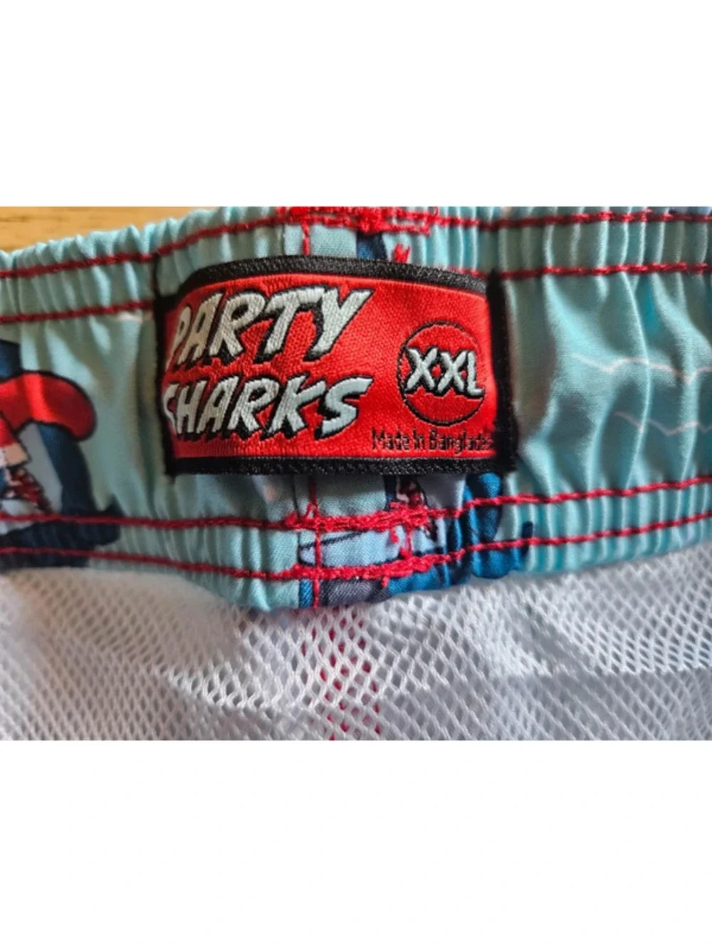 Party Sharks Men’s Swim Trunks XXL Turquoise Shark Print 6.5